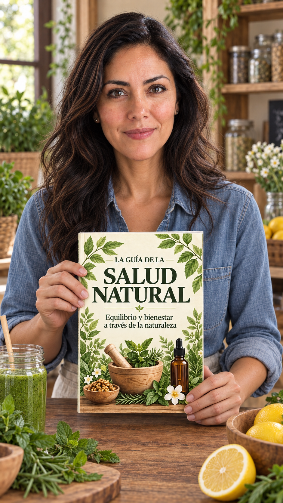 Natalia Herrera sosteniendo el libro La Guía de la Salud Natural